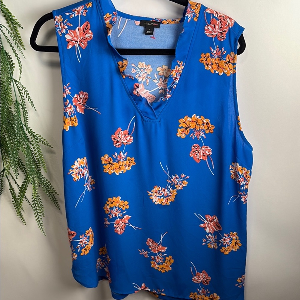 Ann Taylor Blue Notched Collar Blouse with Orange Floral Accents